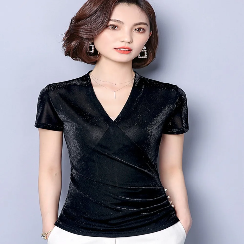 Женская шелковая футболка с короткими рукавами серебристого и золотого цвета v