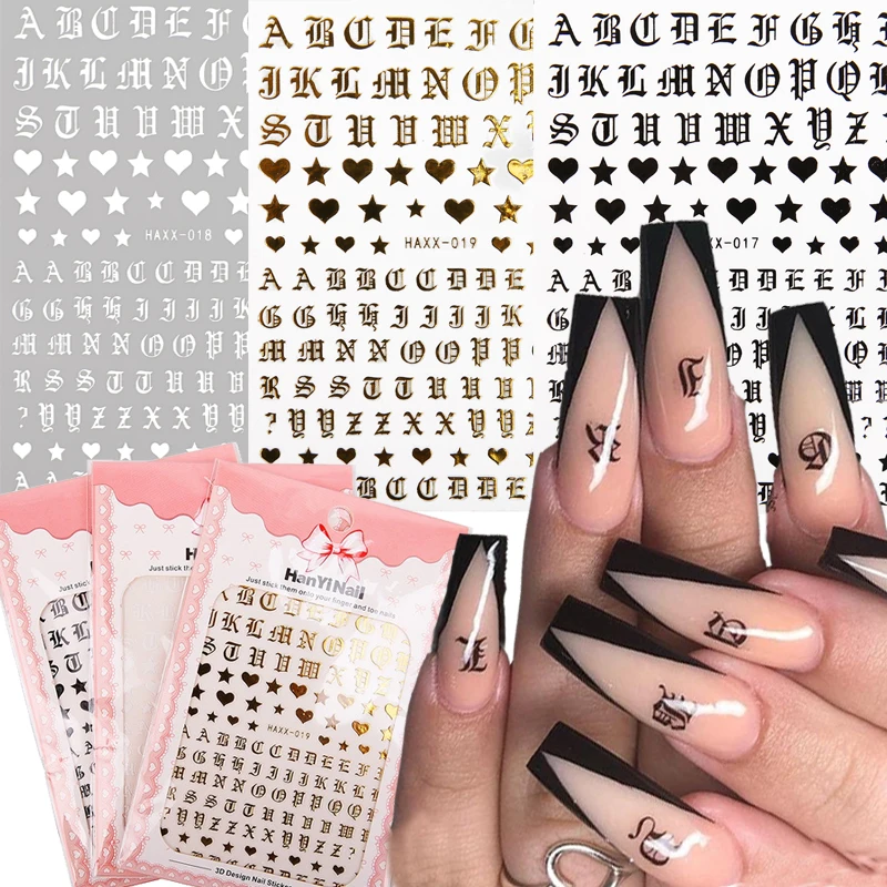

Nail Art Stickers Letter White Black Gold Nail Stickers Nails Alphabet Laser Self Adhesive 3D Nail Decals Nail Art Decorations