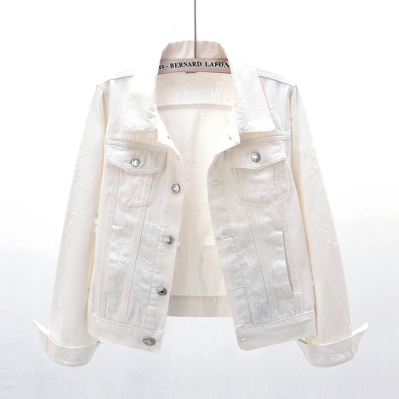 

White Denim Jacket Women Korean Fashion Long sleeve Short Student Outerwear Chaqueta Mujer Frayed Slim Jeans Jacket Coat Female