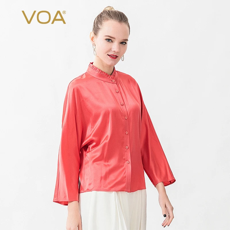 

VOA атласная шелковая матовая блестящая рубашка с воротником и пуговицами на плечах и длинным рукавом B0168 Женские топы и блузки