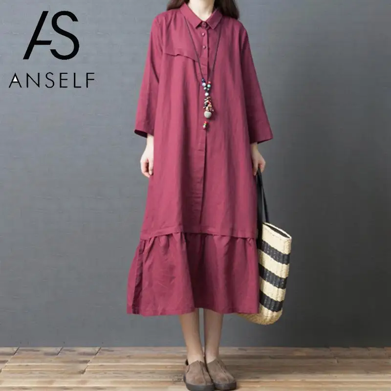 Женское винтажное платье рубашка из хлопка и льна с длинным рукавом|Женские