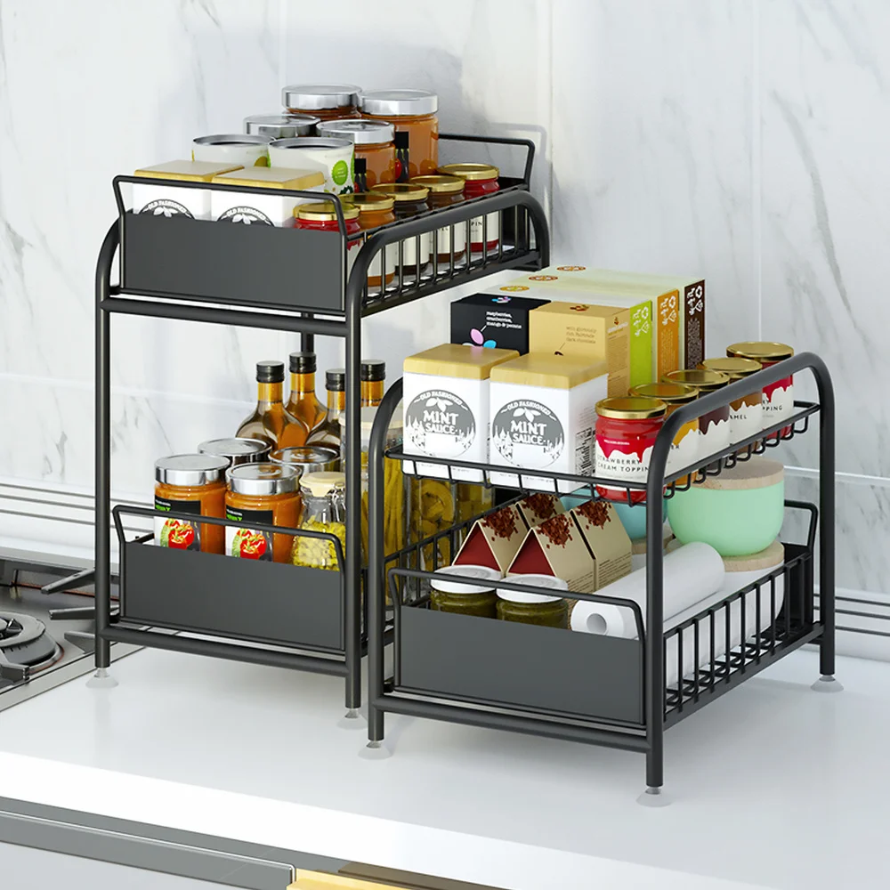 

Kitchen Storage Rack Drawer Cabinet Push-pull Type Storage Organizer (Black)