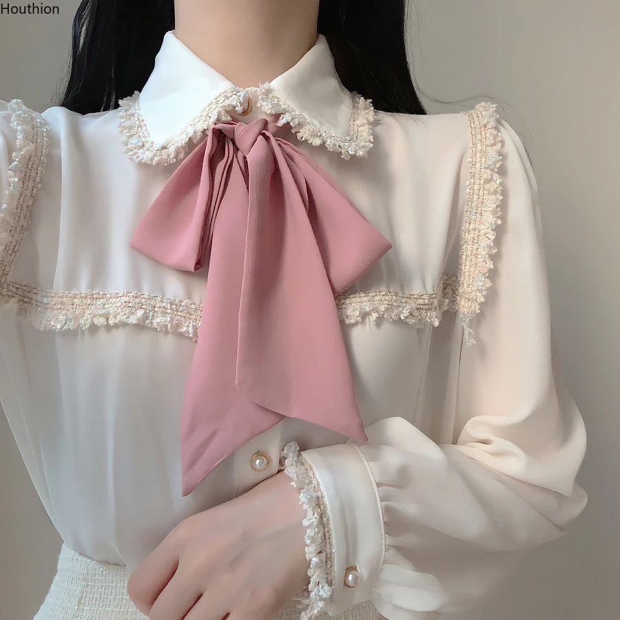 

Autumn New Women's Blouse Long Sleeve Polo Shirt Solid Color Chiffon Bow Top Splicing Casual Fashion Loose Clothing Houthion