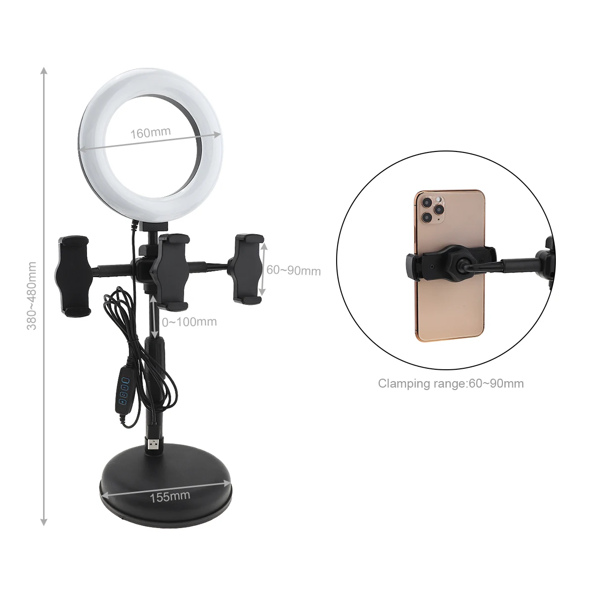 6 Inch 16cm LED Selfie Ring Light with Desktop Stand 3pcs Mobile Phone Clips Holder 3000-5800K Fill Light for Live Photo Video