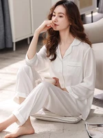 women new ice silk pajamas sets for spring summer 2 pcs pyjamas suit cool feeling sleepwear home clothes solid pijama mujer