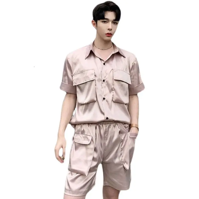 

Mens Summer Shirt Shorts Suit Fashion Satin Temperament Korean Leisure Beach Couples 2021 Sleeve College Streets Chiffon