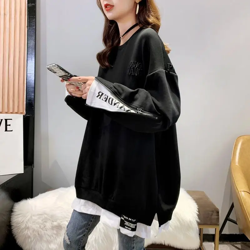 

Plus Size New Spring Autumn Winter Women Pullovers Hoodies Medium-long Faux Two Piece O Neck Loose Thick Warm Sweatshirts Casual