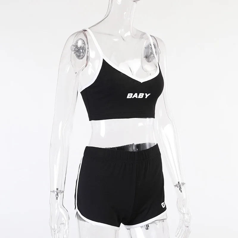 

Shorts Set 2021 Summer Women Clothing Letter Printed V Neck Tank Top Booty Short Set For Woman Loungewear Women Sets
