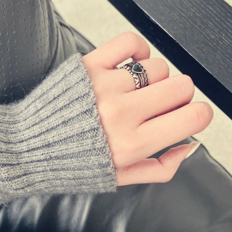 Hip-Hop/rock Retro Do Old Wind Hollowed-out Ring Temperament Black Oil Love Personality Tide Ins Cool Index Finger | Украшения и