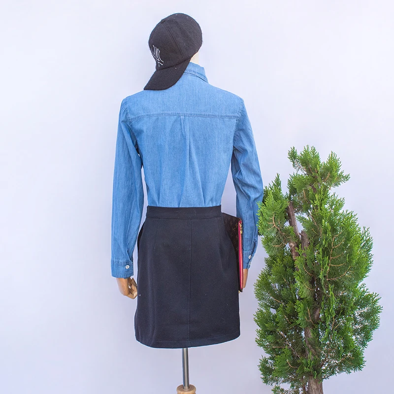 Женская рубашка с длинным рукавом Повседневная синяя джинсовая карманами весна