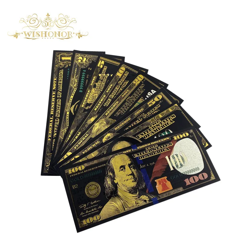 8Pcs/Set USA Banknotes 1 2 5 10 20 50 100 Dollar Bills Bank Note in 24K Gold Plated Fake Currency Money For Gifts Free Shipping