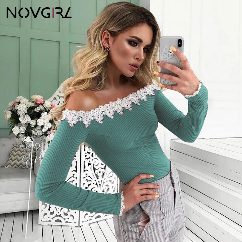 Novgirl/элегантные кружевные вязаные женские футболки с открытыми плечами 2019