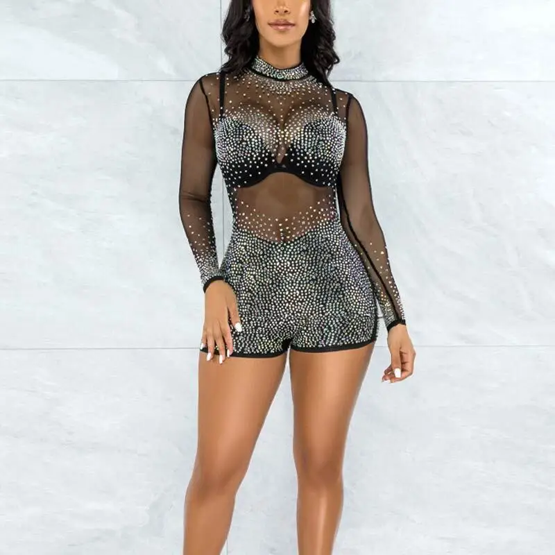 

Women Sexy Rhinestone See-through Tight-fitting Slim Rompers Playsuits