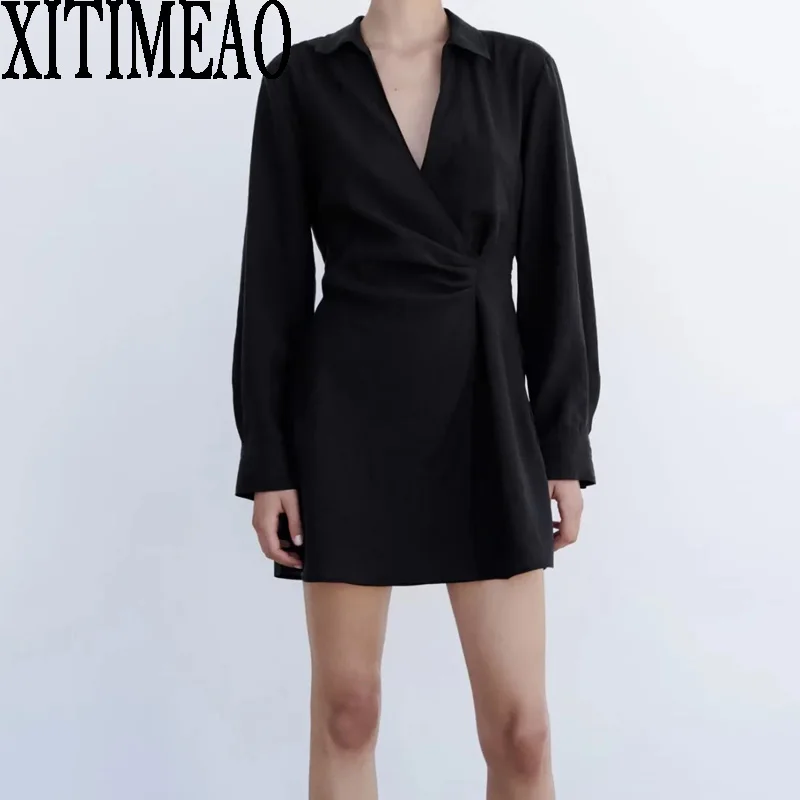 

Новая Осенняя рубашка XitimeaoZa с длинным рукавом, Стильное женское однотонное платье с V-образным вырезом, приталенная модная мини-юбка