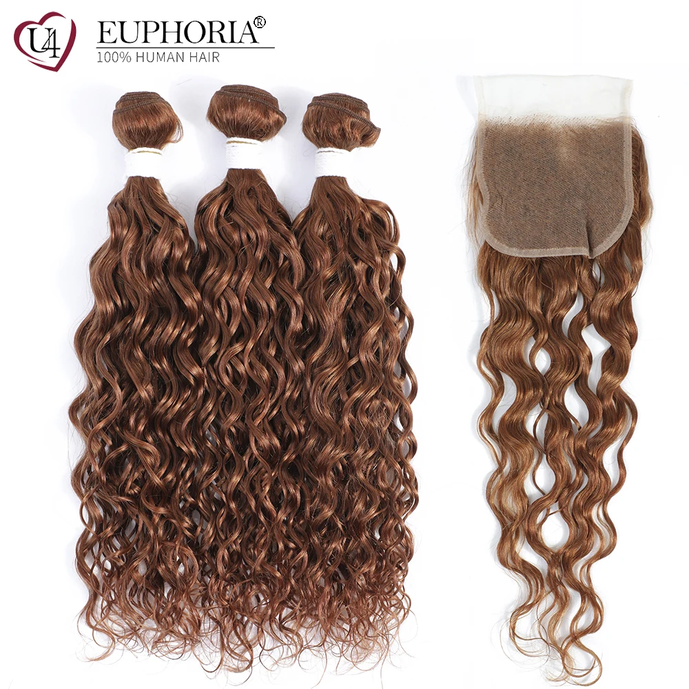 Brazilian Remy Human Hair Water Wave Color 30 Bundles With Lace Closure 4x4 27 33 Brown 99J 3 Bundles With Closure Euphoria