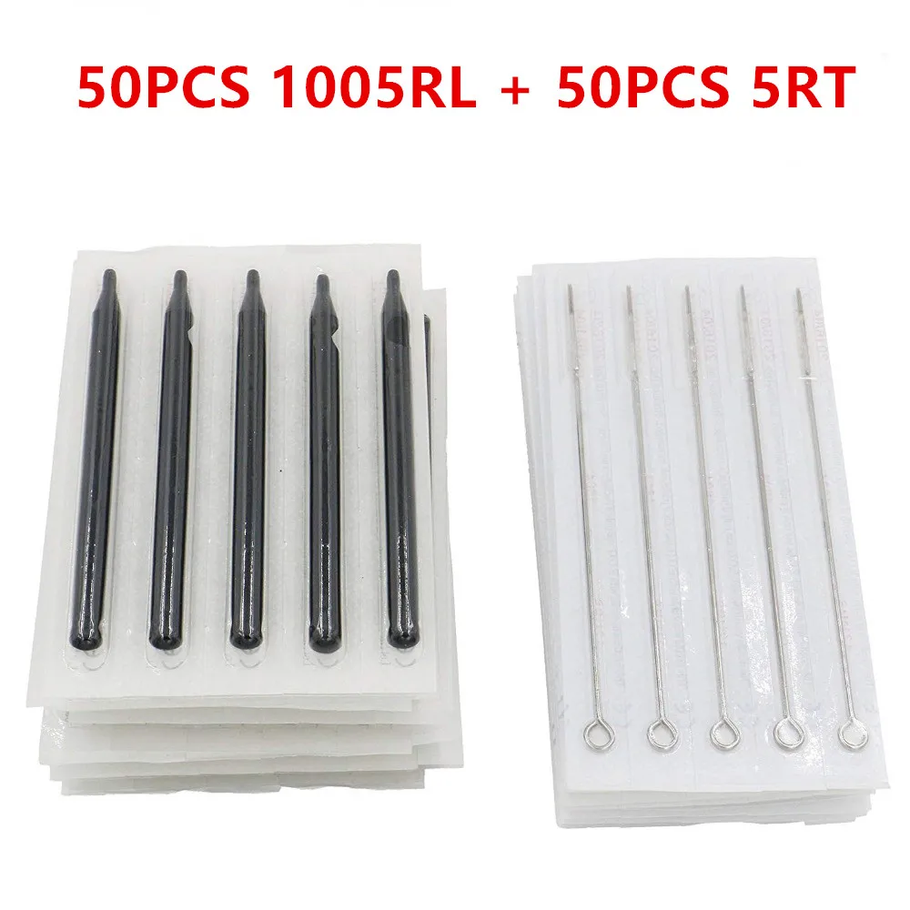 

Новые 50 шт одноразовые стерильные иглы для татуировки 5RL с 50 шт 5RT длинные стерильные черные наконечники для татуировки стволовая насадка тр...