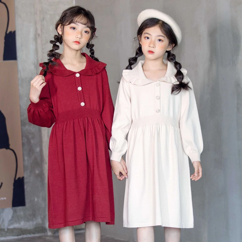 

Girls Sweet Style Peter Pan Collar Knitting Dress Vintage Red Dresses Kids Long Sleeve Sweater Vestido Sister Casual Clothes