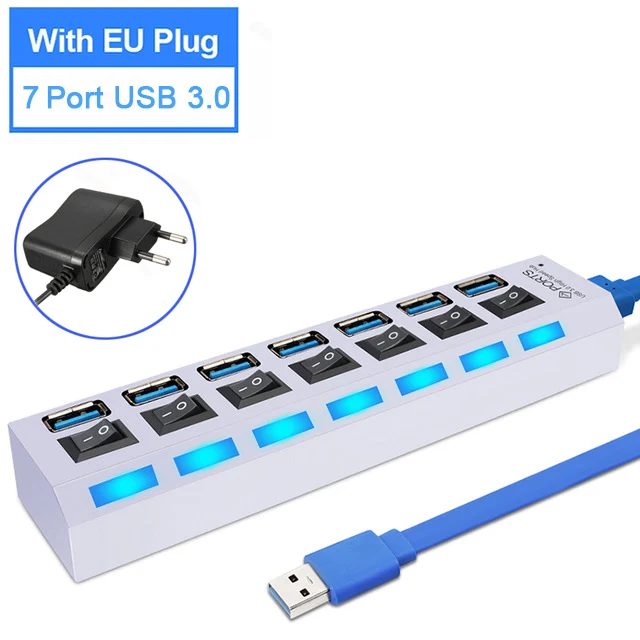 7 Port White with EU USB 3,0 концентратор 2,0 концентратор Мульти USB разветвитель 4/7 порт расширитель несколько USB 3,0 Hab с адаптером питания USB3.0 концентратор с переключателем для ПК - Цвет: 7 Port White with EU