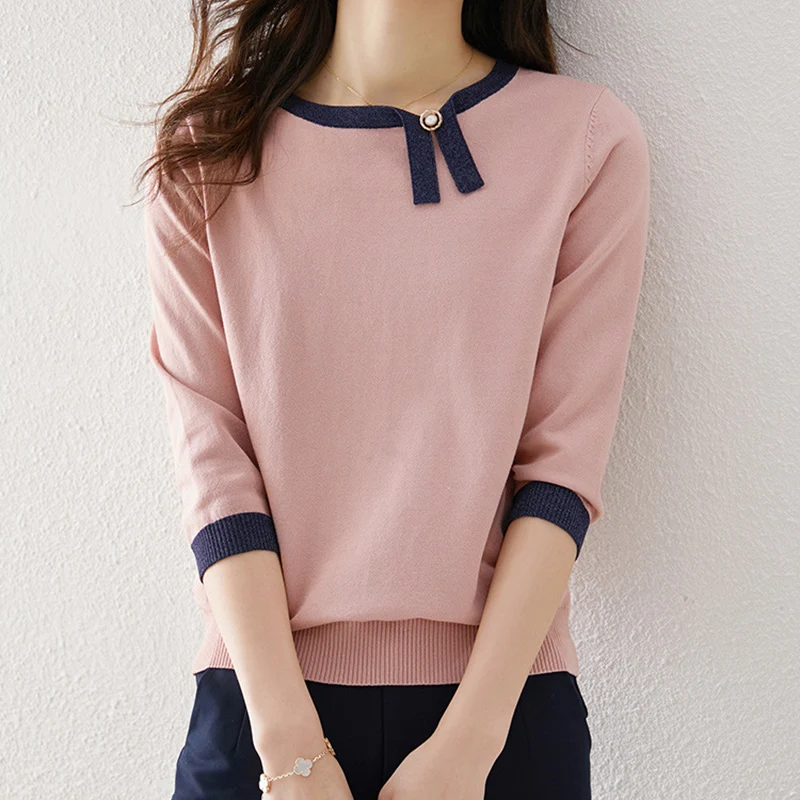 

2021 Spring Summer Pink Top Elegant Contrasting Color Knitted Sweater Women Three Quarter Sleeve Pullover Jumper Female