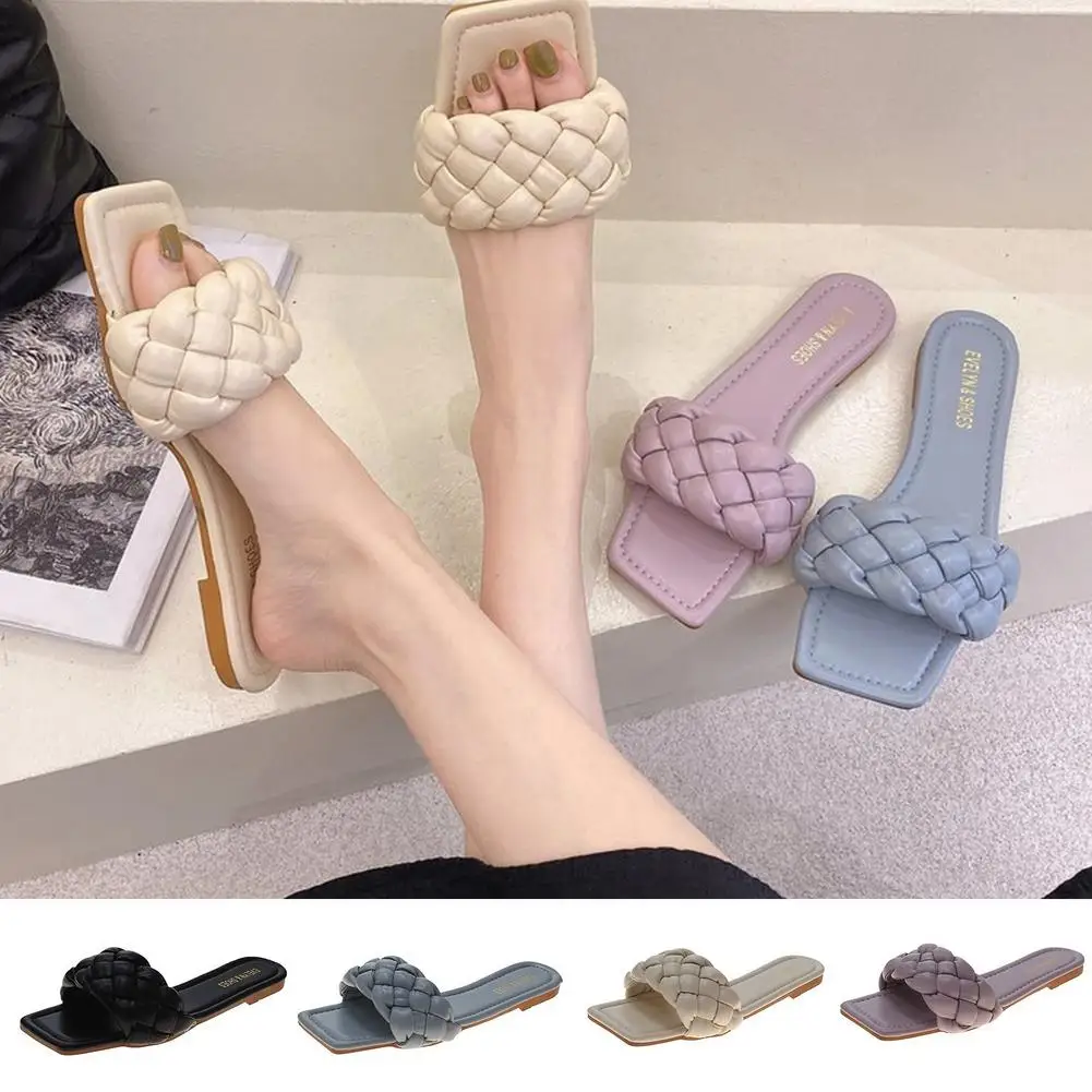 

2021 New Fashion Women Summer Slippers Ladies Square Toe Sandals Slipper Casual Flip Flops Beach Weave Flat Shoes Emale Shoes