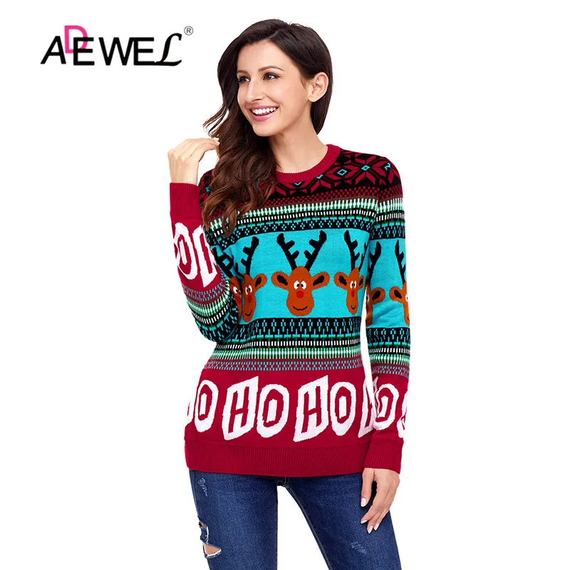 ADEWEL Red Cute Cartoon Reindeer Christmas Sweater Snowman Deer Full Sleeve Sweaters O-neck Women Pullovers Winter Warm Tops | Женская