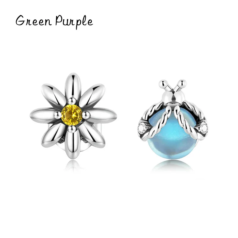 

GREEN PURPLE Real 925 Sterling Silver Daisy Ladybug Asymmetrical Stud Earrings For Young Fashion Girl Fine Jewelry Gifts CE1302