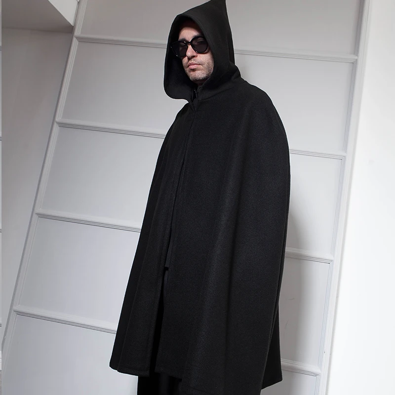 

European and American Trendy Men's Nightclub DS Long Black Fringed Hooded Bat Shirt Cape Cloak Male Dark Wizard Winter Coat Men