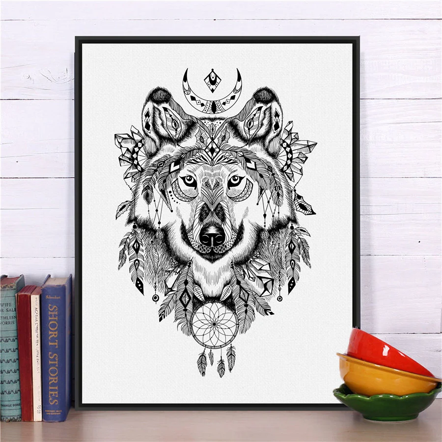Ручная роспись ацтекский стиль печать и постер с волком картина Настенная