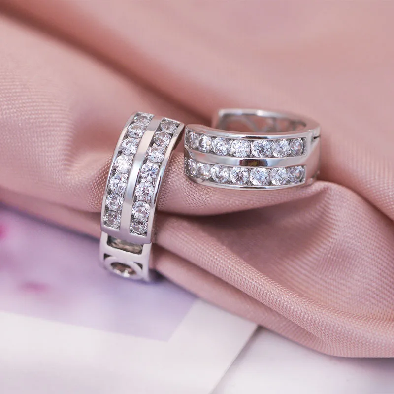 MxGxFam 2019 Christmas White 2 line Zircon Hoop Earrings For Women Fashion Jewelry Rhodium Gold color AAA+ CZ Good Quality | Украшения и