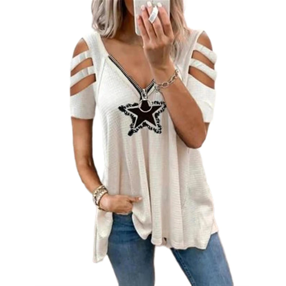 

Zippered Print Floral T-shirt Short Sleeve V-neck Pullover Women Summer 2021 Women's Tshirts