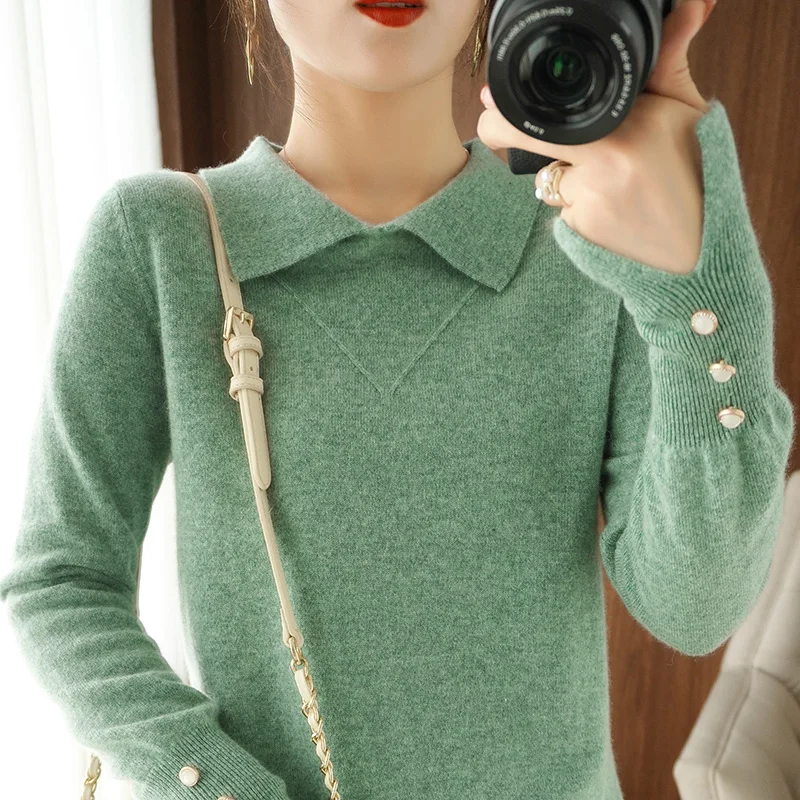 

100% Pure Wool Sweater 2021 Autumn and Winter New Ladies Lapel Pullover Casual Knitted Long-sleeved Tops Women Jackets Korea