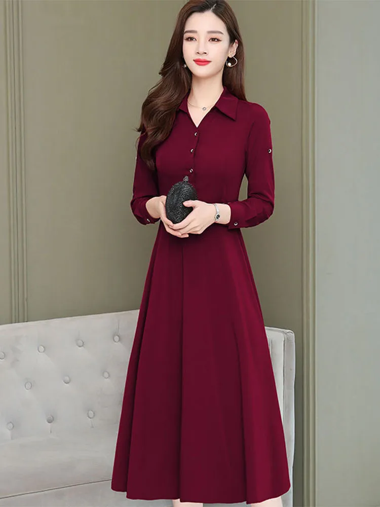 

Women's Spring Autumn Style Dress Women's Turn-Down Collar Solid Color Button Long Sleeve Casual Dress AA3321