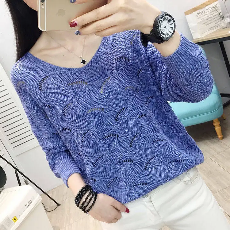 

2021 summer new Korean style hollow hedging knitted women's V-neck loose long-sleeved thin outer wear blouse top trendy