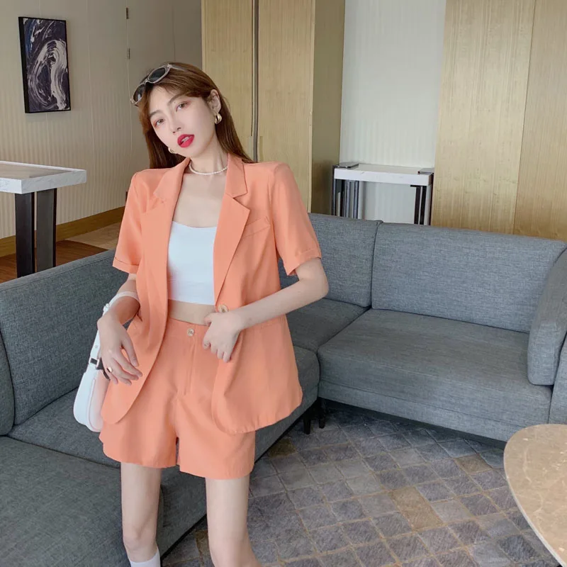 

Hot Sale 2021 New Women Sets Summer New Short Sleeve Cardigan Blazer Shorts Solid 2 Piece Set Lady Casual Short Suits Clearance