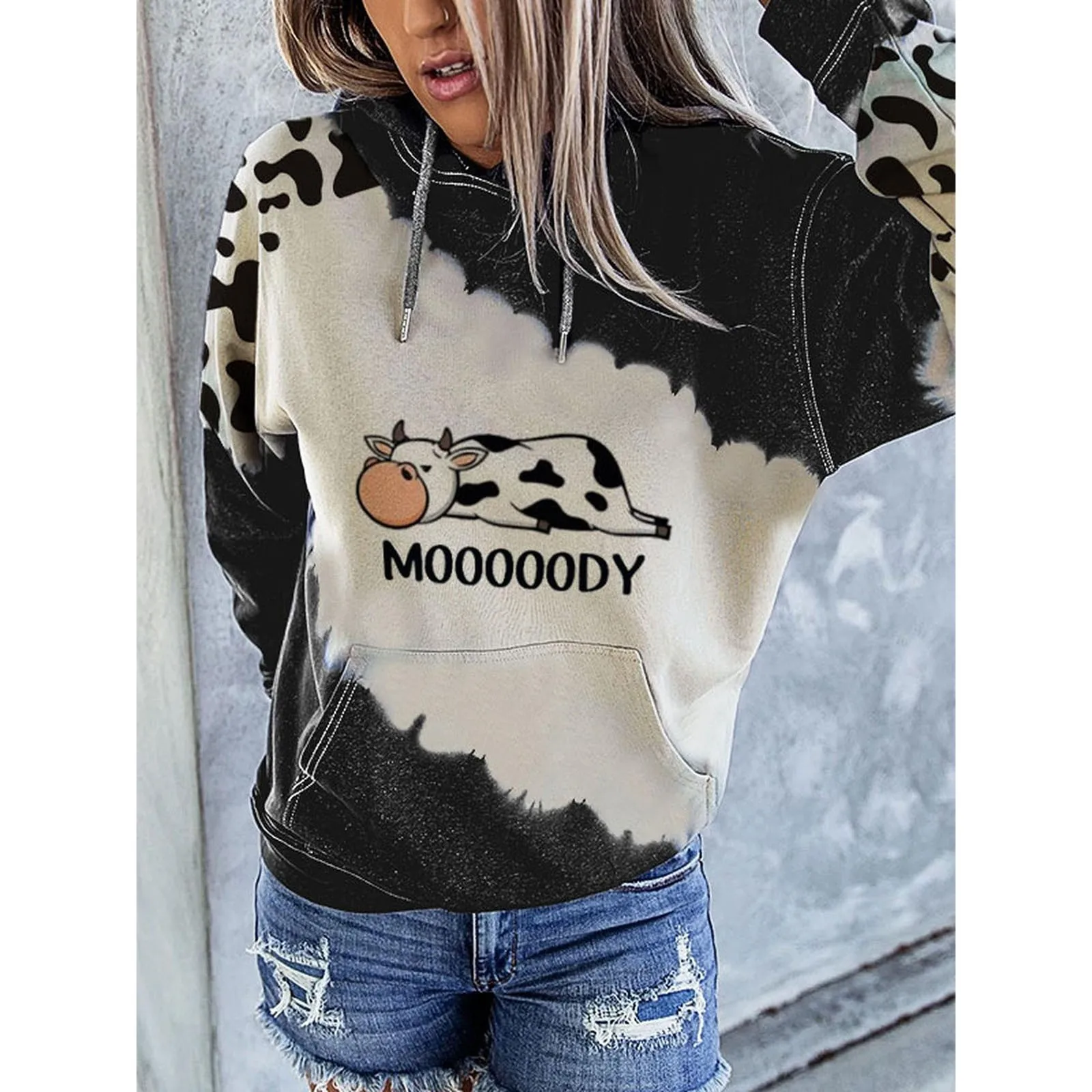 Women Cute Cow Print Sweatshirt Long Sleeve Round Neck Casual Tops Hoodie Streetwear Women Oversized Hoodies Moletom Feminino