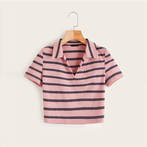 Розовый Romwe Sport Collared футболка в полоску с v-образным вырезом, женская летняя укороченная футболка с короткими рукавами, спортивные топы для бега, облегающая спортивная одежда - Цвет: Розовый