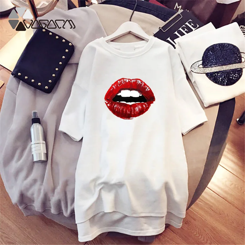 

Sexy Plus Size Women Night Dress Lips Print Harajuku Pijamas Summer Short Sleeve Long Tshirt Casual Loose Women's Nightgown