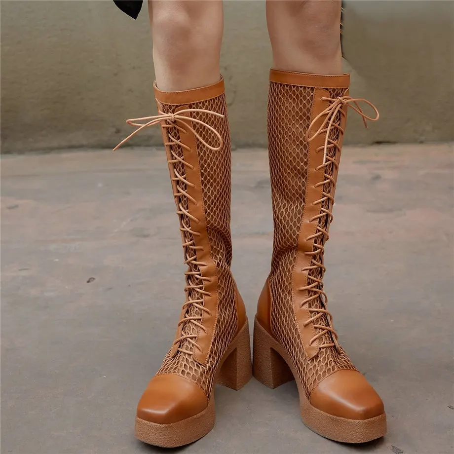 

Lace Up Thigh High Gladiator Shoes Women Summer Genuine Leather Knee High Boots Female Breathable High Heel Platform Pumps Shoes