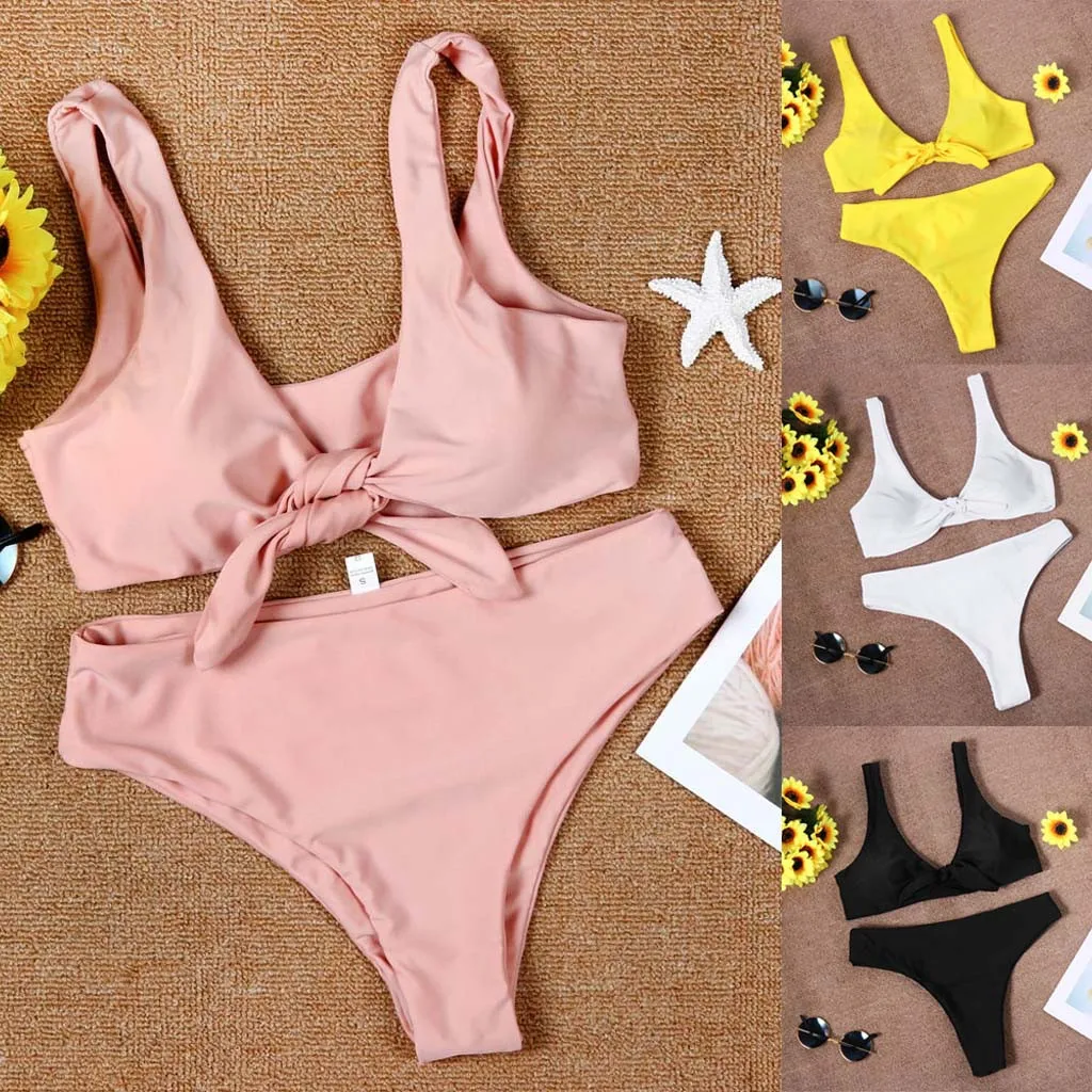 Женский комплект бикини с бантиком и глубоким v-образным вырезом из 2 предметов