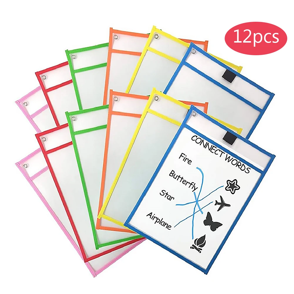 

12pcs Dry Erase Pockets Worksheet Sleeves Shop Work Ticket Holder 10x14 inches Drawing Board Dry Brush Bag File Pocket