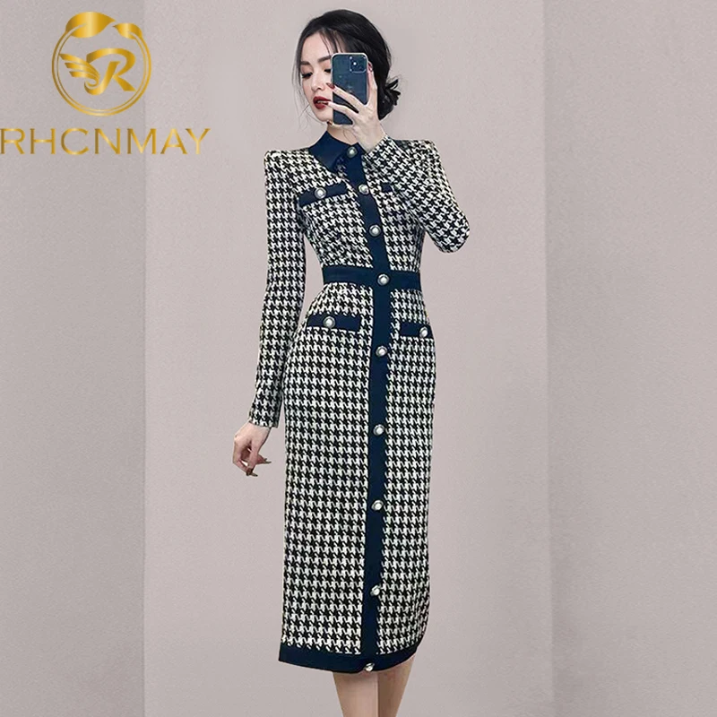 

New Elegant Single Breasted Button Up Women Casual Dress Sexy Knit Bodycon Midi Long Winter Autumn Long Sleeve Dress Robes