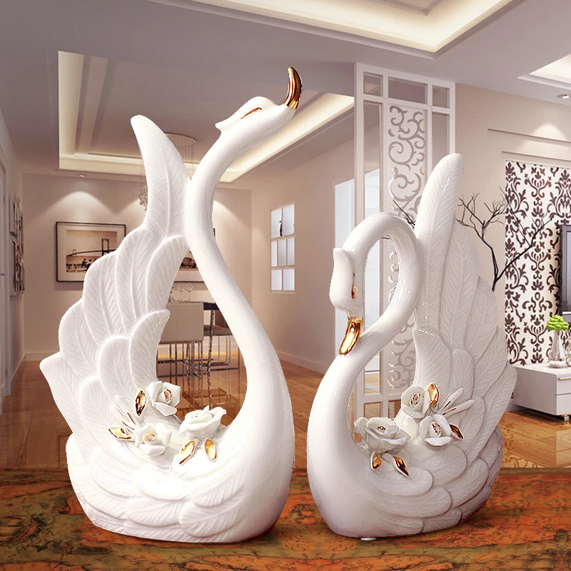 

A Pair White Swan Lovers Home Decor Ceramic Crafts Porcelain Animal Figurines Wedding Decoration Lovers Gift W3075