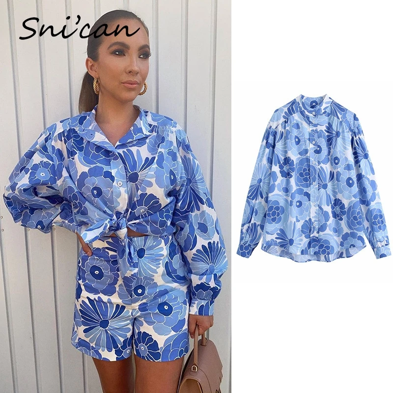 

Blue Floral Casual Blouse Za Women Long Sleeve Fashion Ladies Oversize Shirts Vintage Blusas Mujer De Moda 2021 Verano Snican