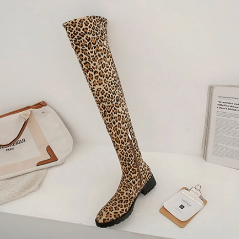 leopard SIMLOVEYO/черные, серые женские замшевые ботфорты выше колена на толстом квадратном каблуке; женские Сапоги выше колена; большие размеры 32-48; B007 - Цвет: leopard