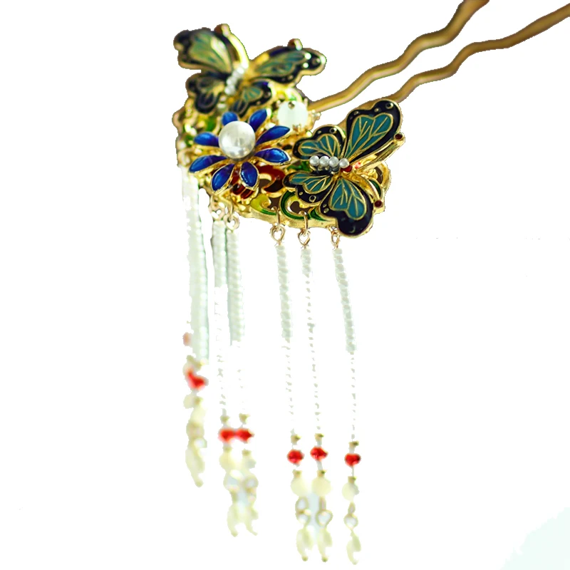 

Original Handmade Antiquity Hanfu Kanzashi Cloisonne Hair Accessories Preal Tassel Butterfly Step Shake Hairpin Hair Ornaments