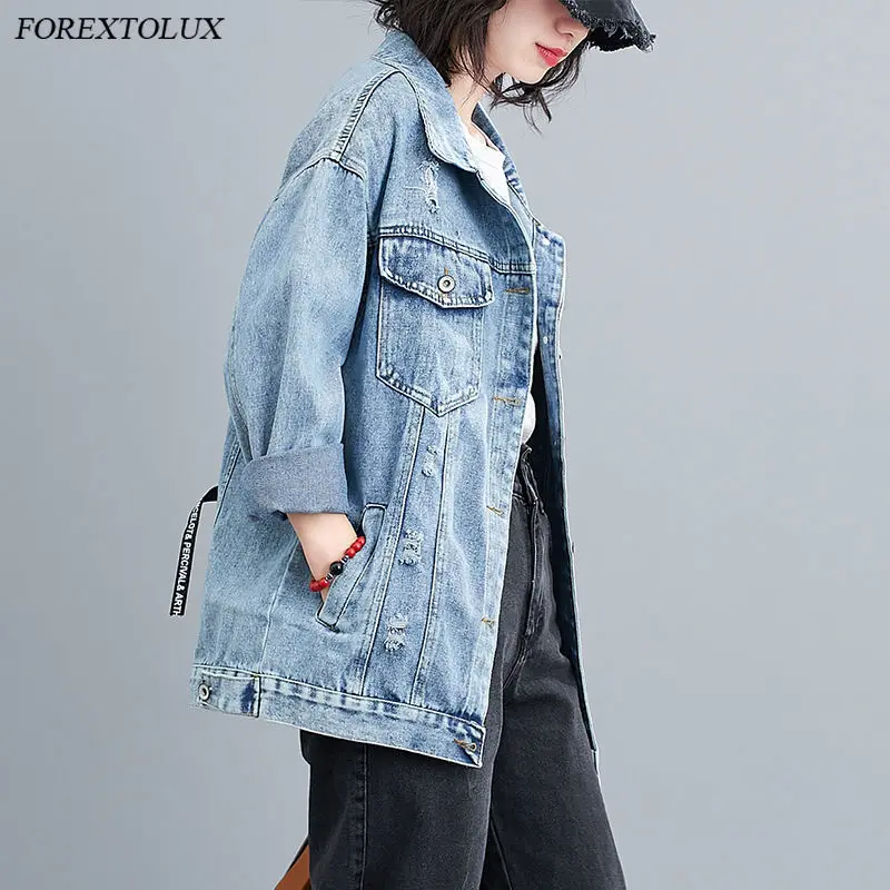 Женская джинсовая куртка Повседневная Свободная синяя на пуговицах с 3D принтом