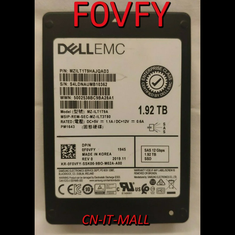 

Pulled 2.5 1.92TB 0F0VFY F0VFY MZ-1L1T9A PM1643 1.92T SAS 12G Server SSD HDD