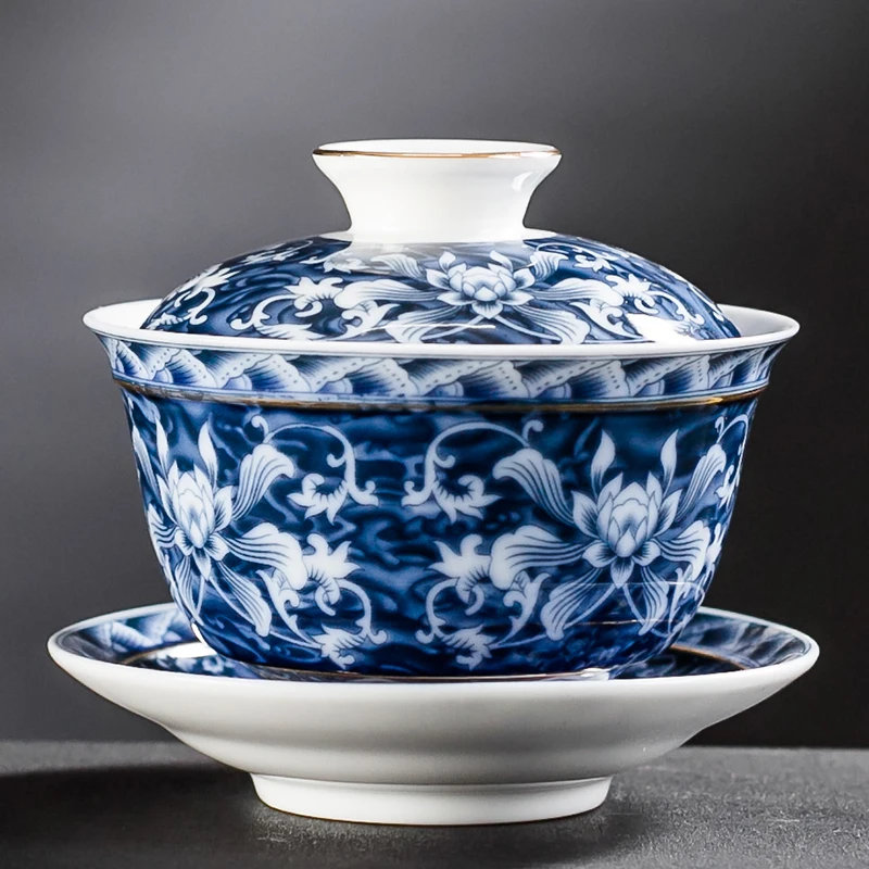 

Китайская сине-белая фарфоровая чайная чашка Gaiwan Jingdezhen ручной работы, дорожная чайная чаша, домашняя чайная посуда, аксессуары, посуда для н...