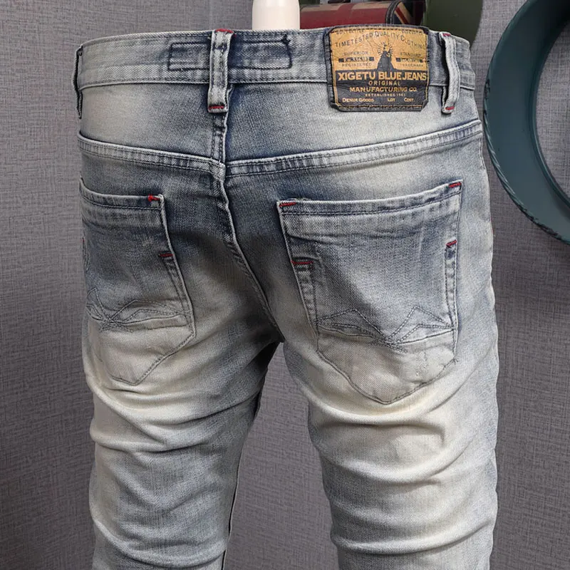 Italian Style Fashion Men Jeans Retro Light Gray Blue Elastic Slim Ripped Jeans Men Vintage Designer Denim Pants Street Trousers