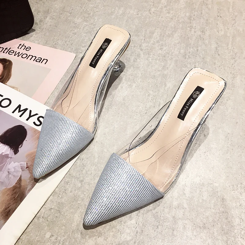 

2020 Sumemr Women Shoes Fashion Pvc Clear Sandals Pointed Toe High Heel Female Sandals Crystal Heels Slippers zapatos de mujer